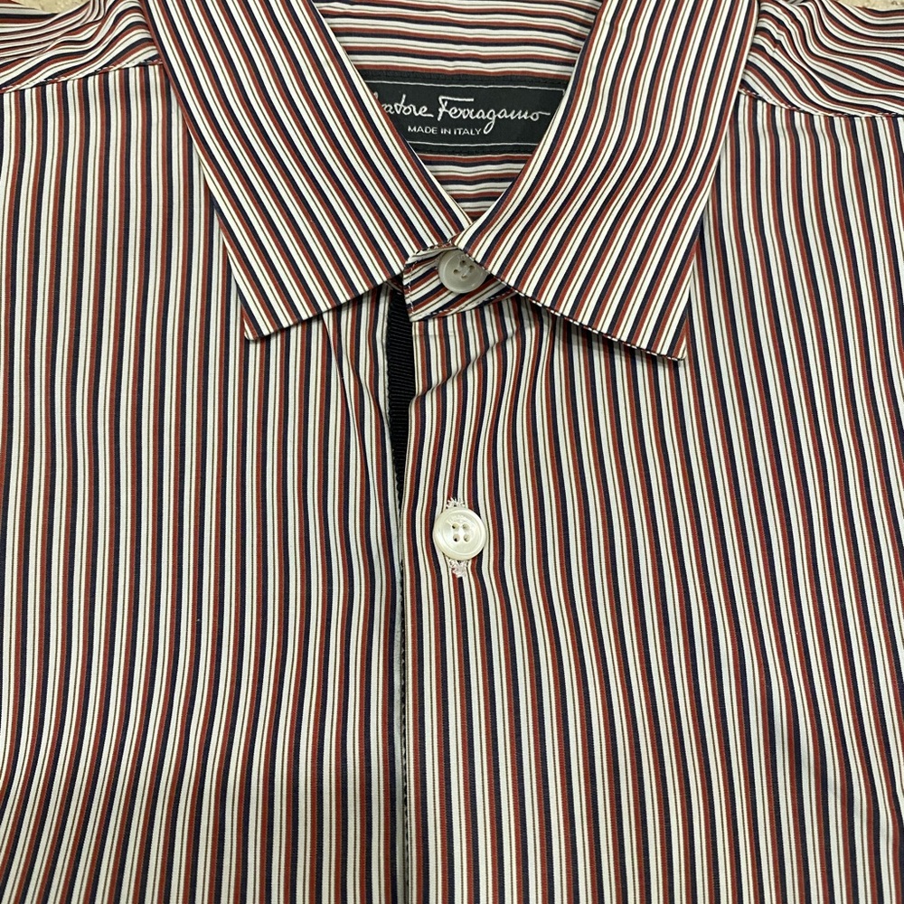 Salvatore Ferragamo Men's Burgundy and White Striped Dress Shirt